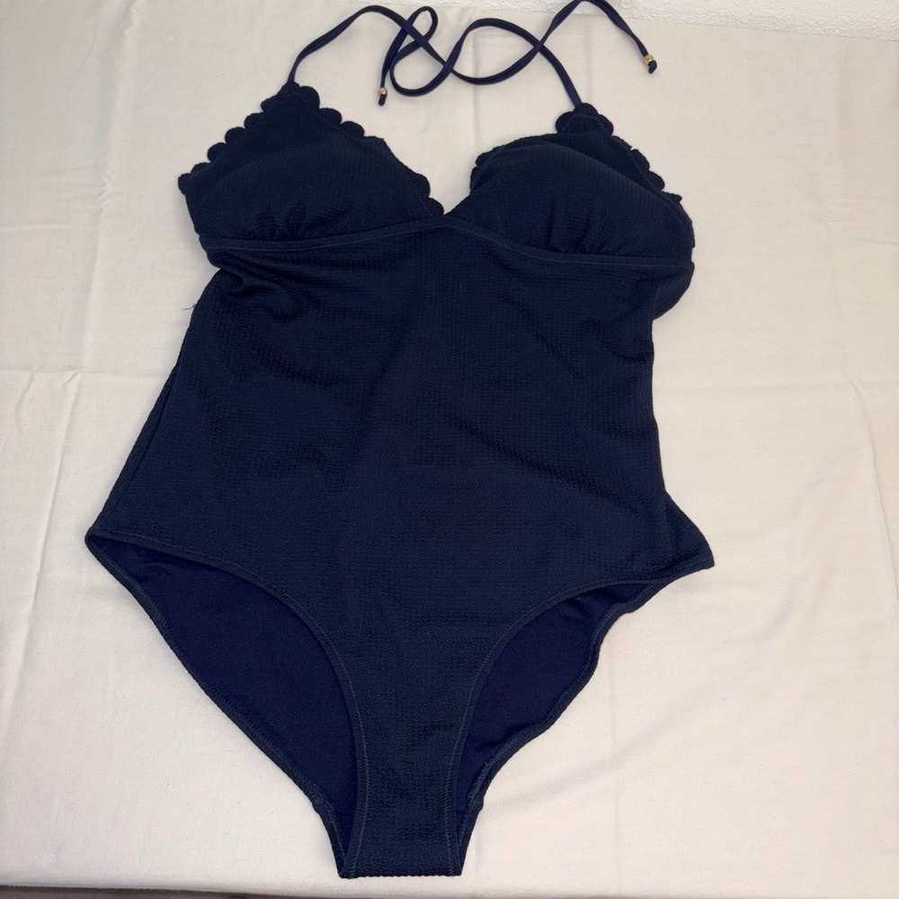 Accessorize Navy Textured Scalloped Neck One‎ Piece Swimsuit Halter size 14 new